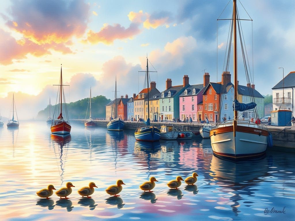 Pastel Harbor at Dawn in Beatrix Potter Style