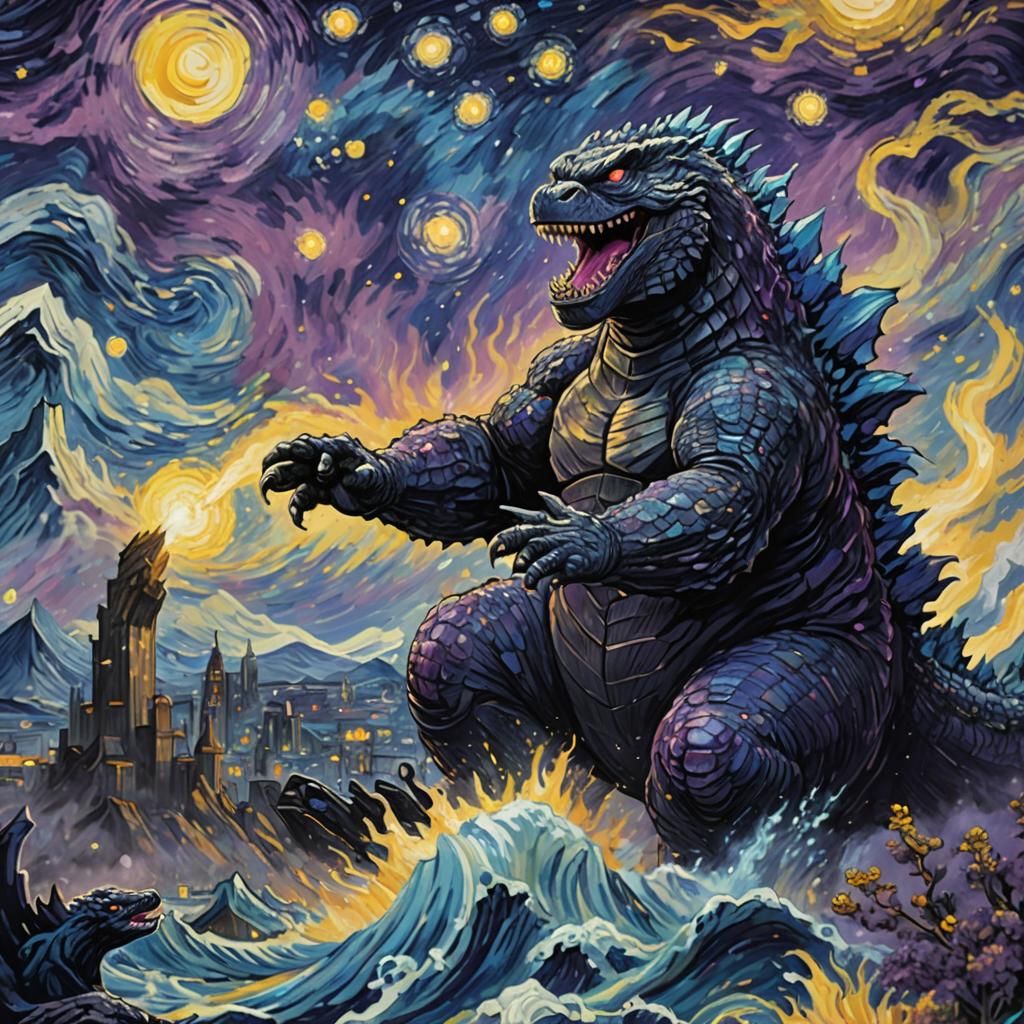 Godzilla Dances Across Starry Night: A Van Gogh Inspired Sce...