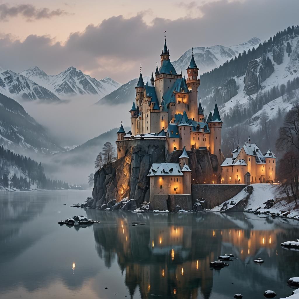 Alpine Castle Panorama in Surreal Style