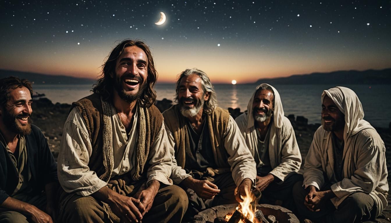 Jesus and Disciples Laughing by Campfire