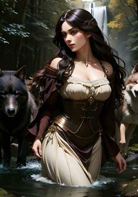 Woman and Wolf in Forest
