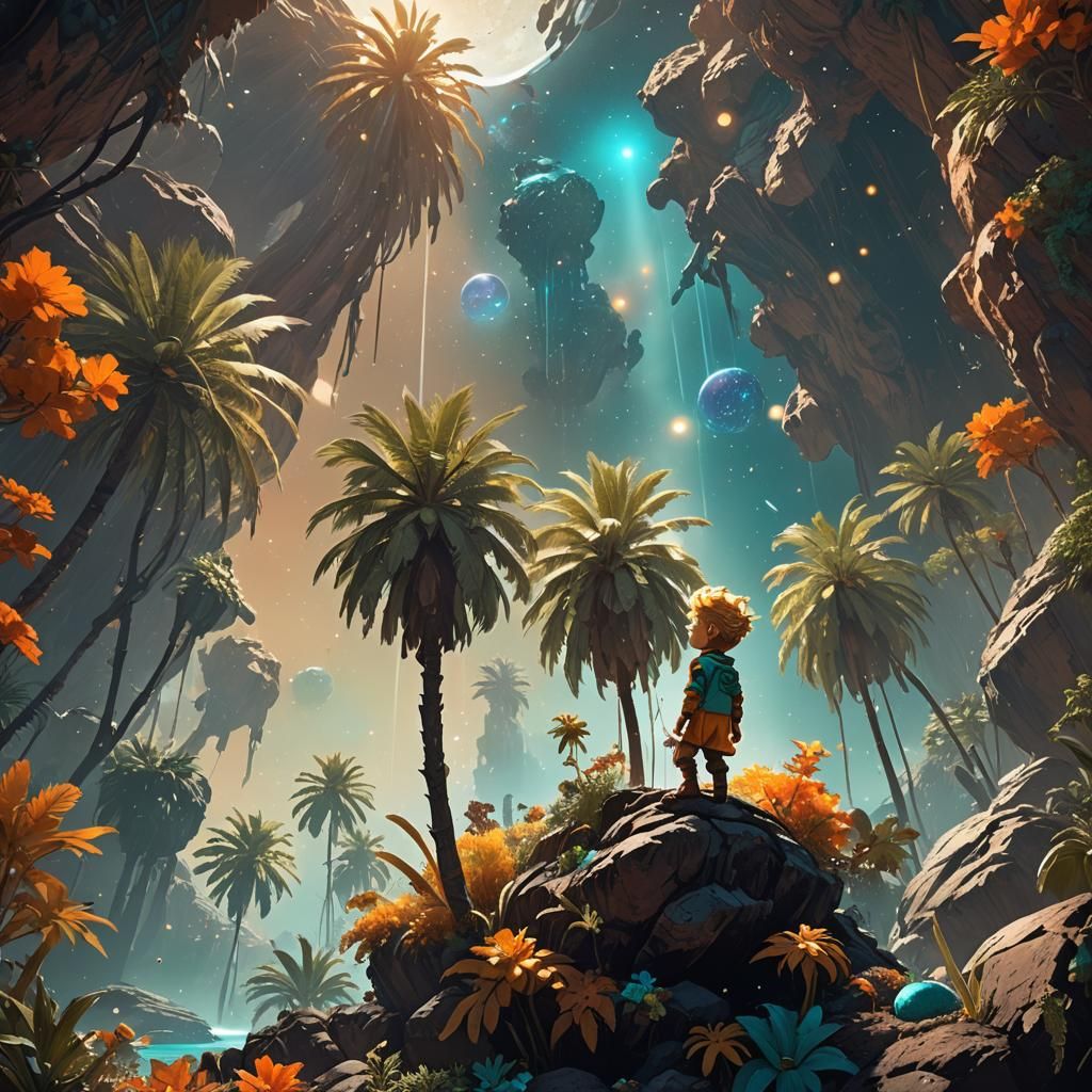 Little Prince Watering Palm Tree, Digital Art