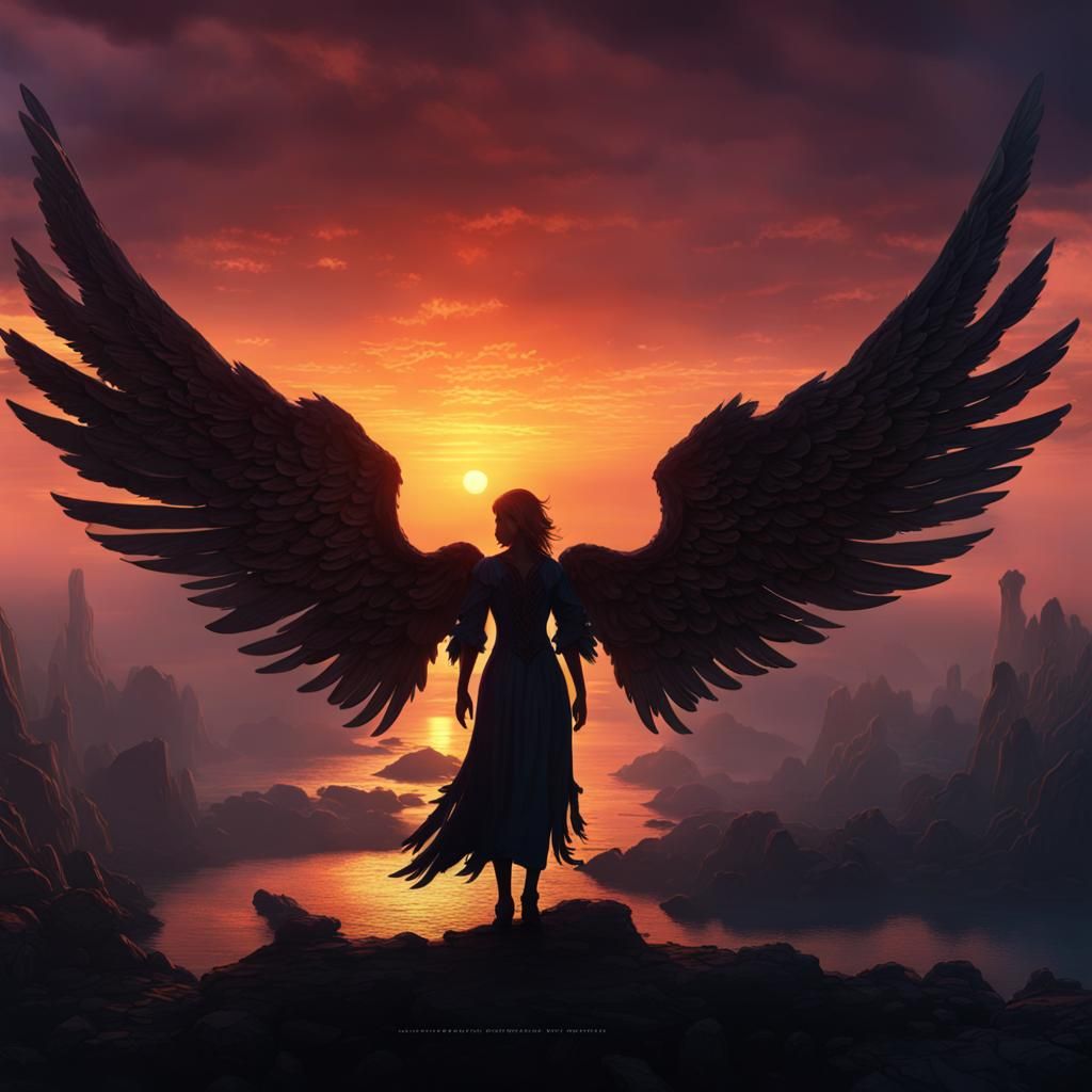 Sunset Silhouette of a Lost Angel in Matte Painting Style