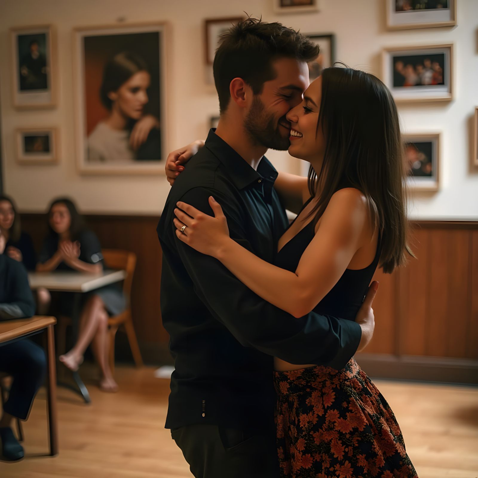 Couple Embracing During Tango Dance in Intimate Setting