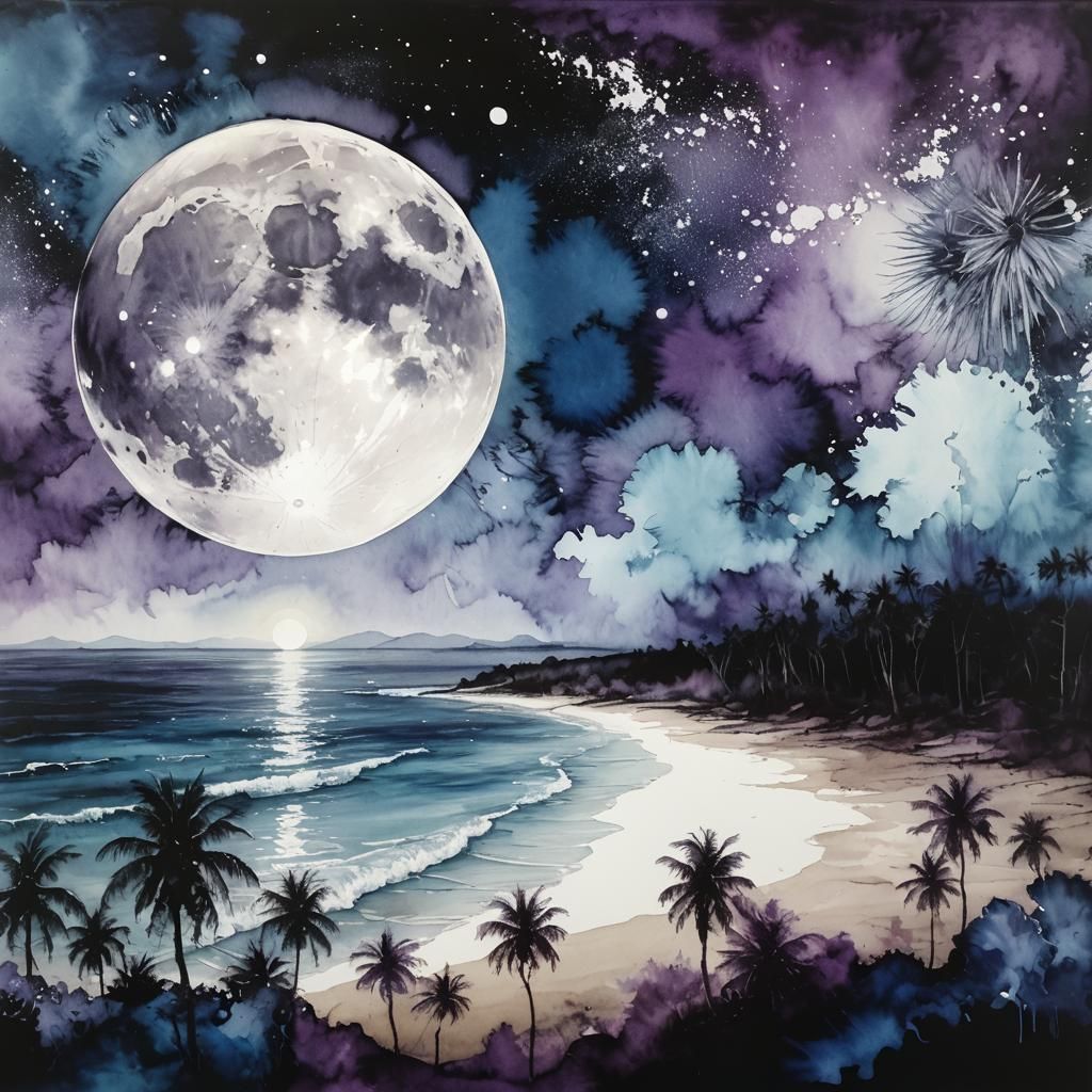 Moonlit Ocean with Palm Trees in Alcohol Ink Style