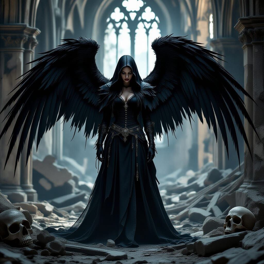 Fallen Angel in Gothic Cathedral Ruins