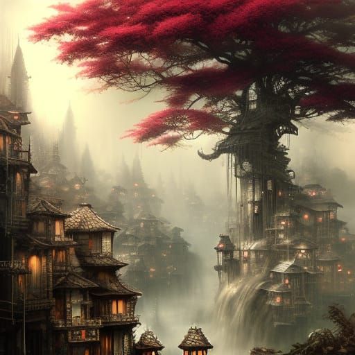 Clockpunk Bonsai Village in Crystal Glass, Digital Painting