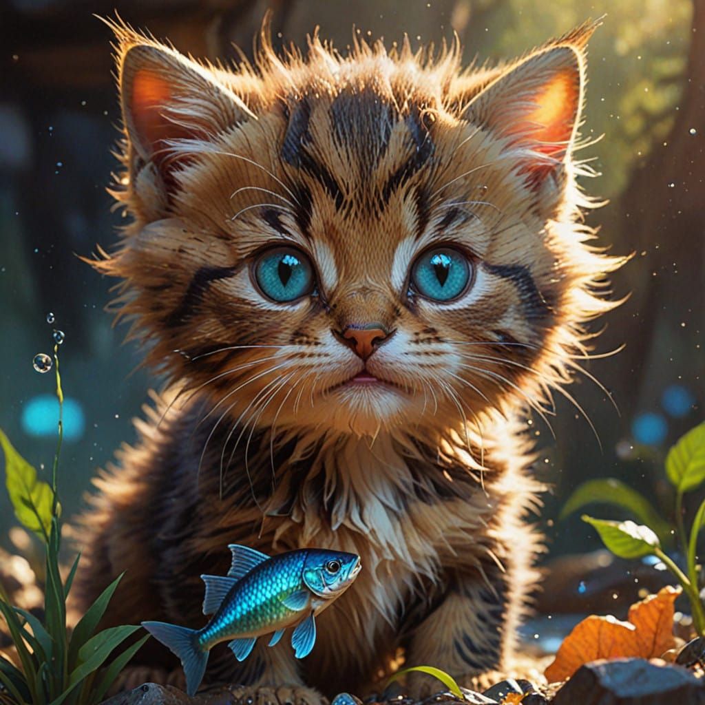 Curious Kitten Takes a Bite of Iridescent Fish in Hyperreali...