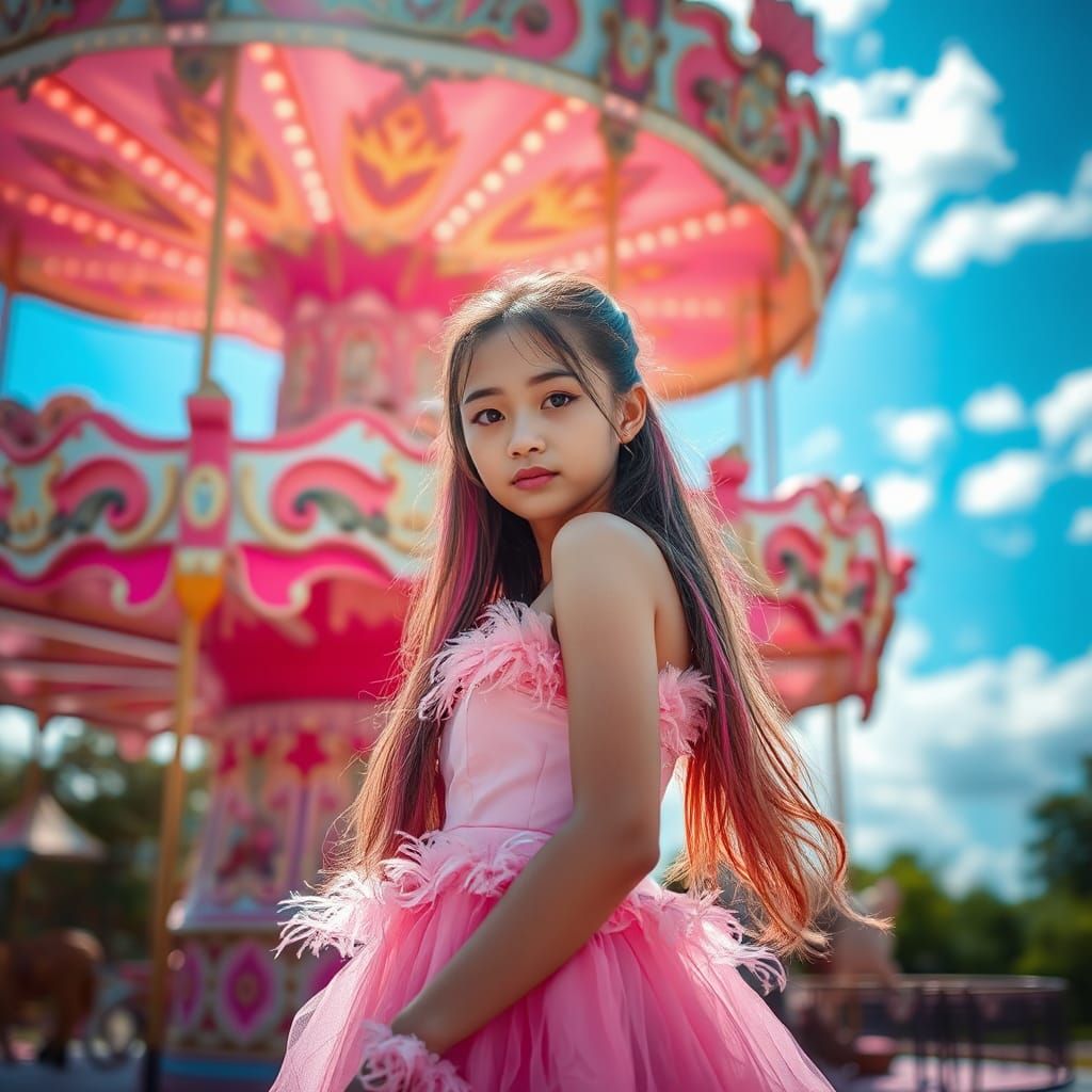 Pink Carousel Dream: Serene Portrait of a Girl