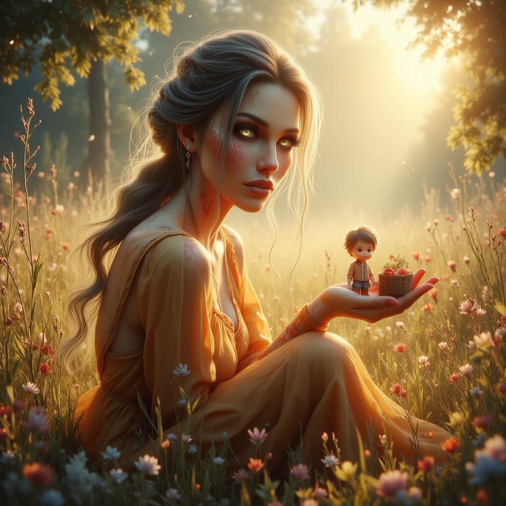 Giant Woman Holds Tiny Man in Whimsical Meadow