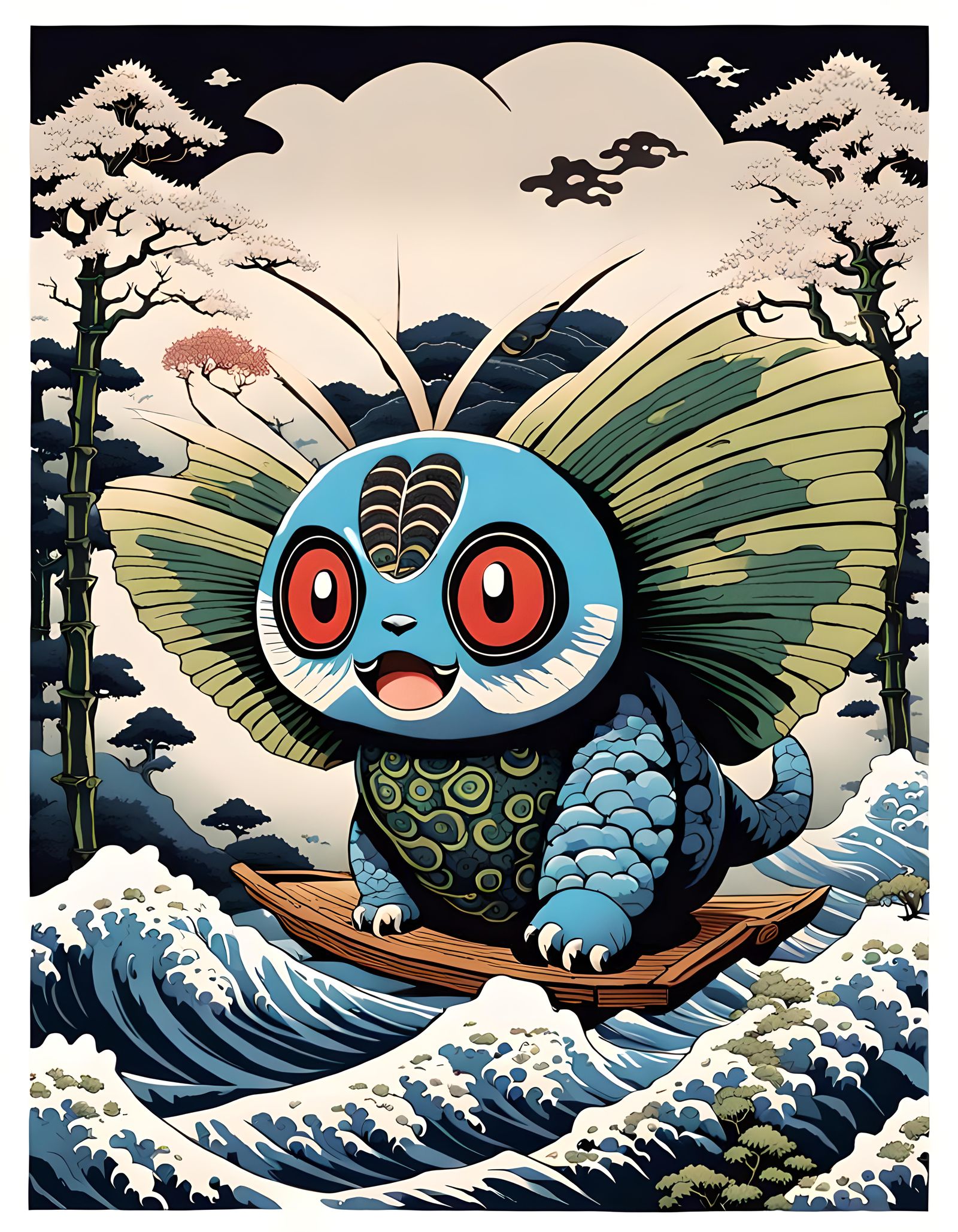 Kawaii Mothra in Ukiyo-E Woodcut Style
