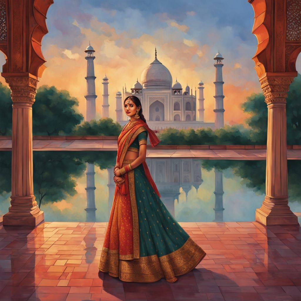 A Woman in Traditional Indian Attire at Sunset Near the Taj....