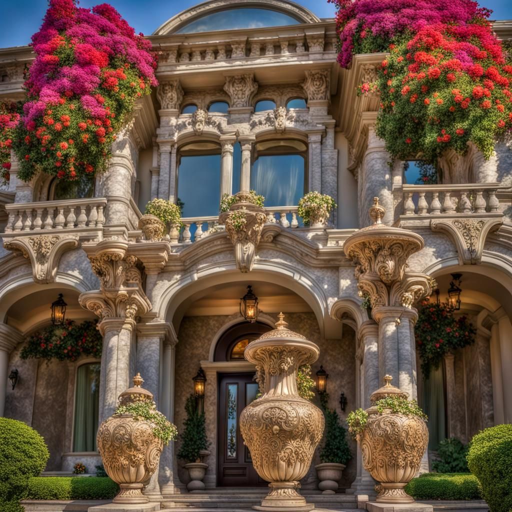 Modern Mansions with Floral Urns in Impressionistic Style
