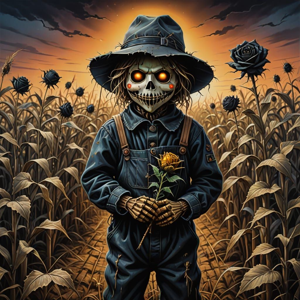 Surreal Scarecrow Child in Neon Cornfield