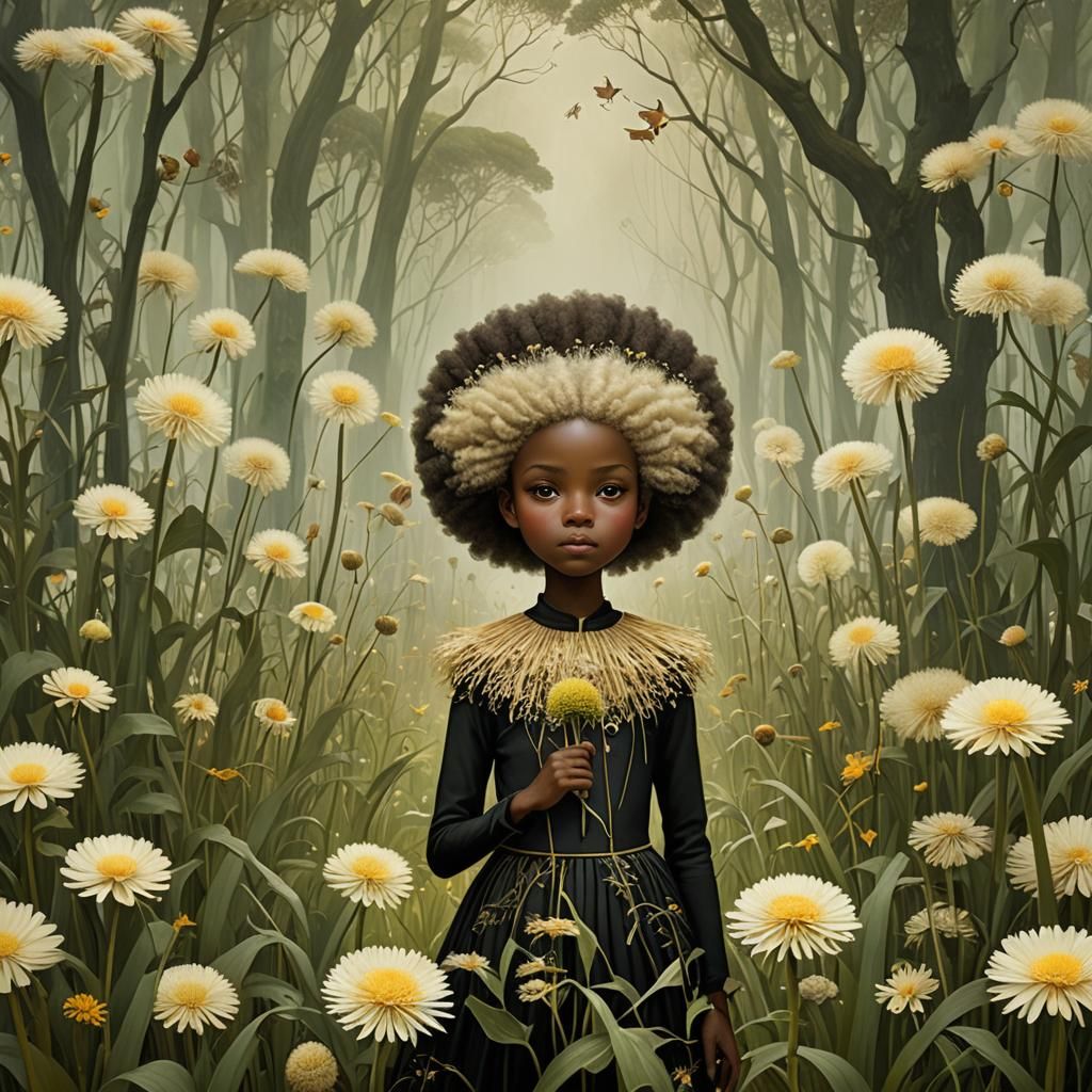 Miniature Girl's Surreal Garden Adventure in Digital Art