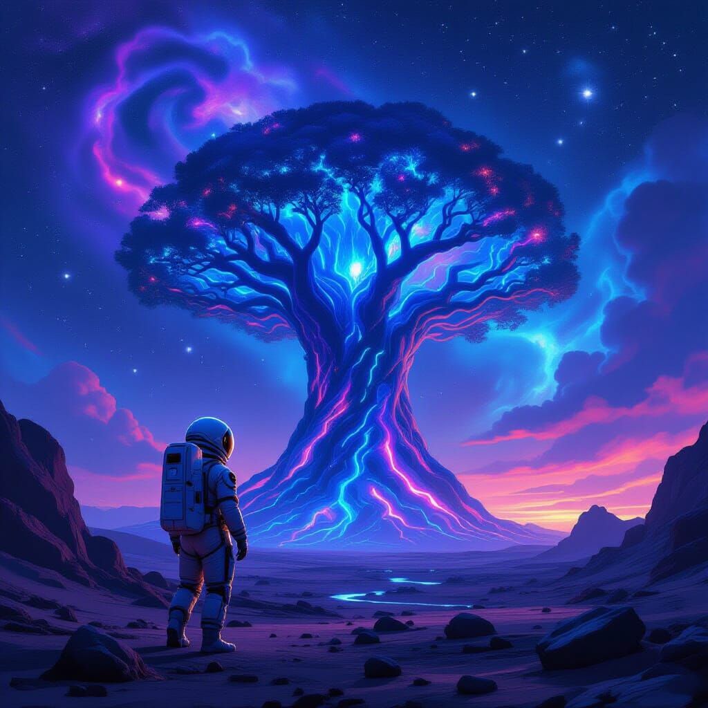 Astronaut and Bioluminescent Tree on Alien Planet