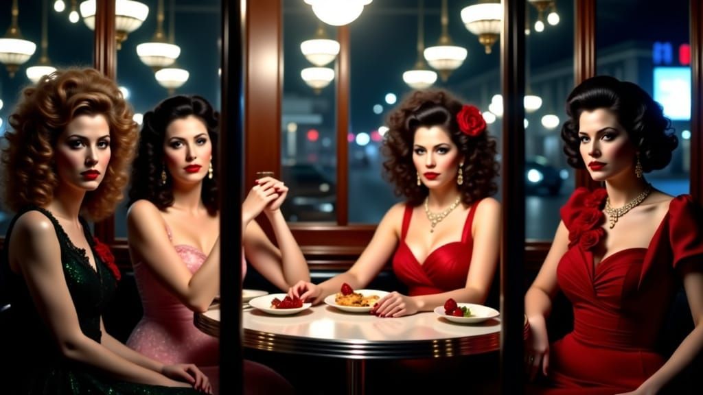 Four Women in Evening Gowns at a Diner