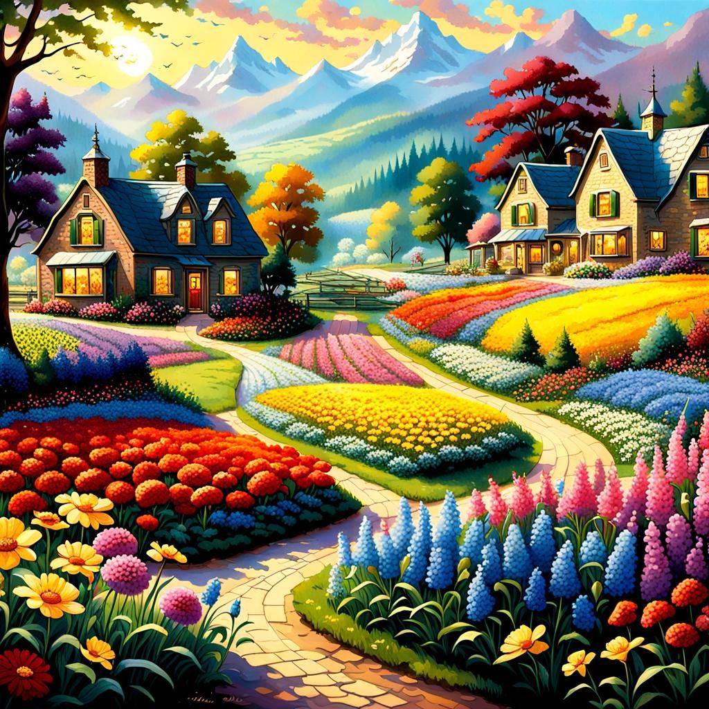 Vibrant Flower Fields in Kinkade-Inspired Style