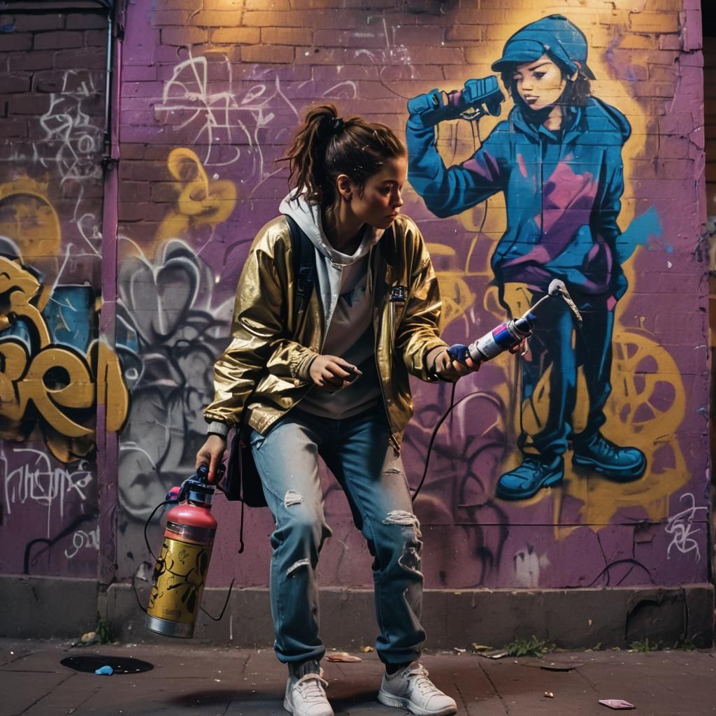 Graffiti Artist at Night in Vibrant Street Art Style