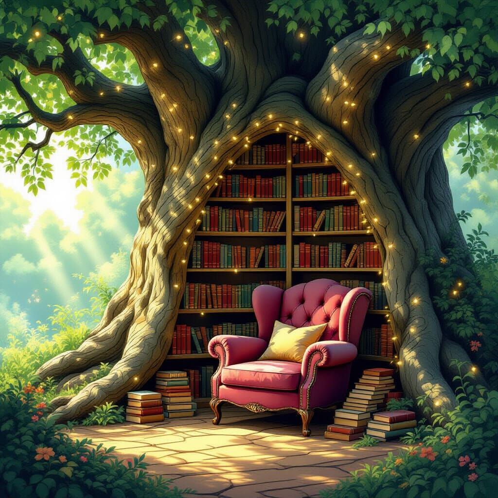Cozy Reading Nook in Ancient Tree, Digital Painting