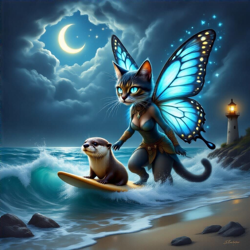 Cat Fairy Guides Otter Through Stormy Ocean