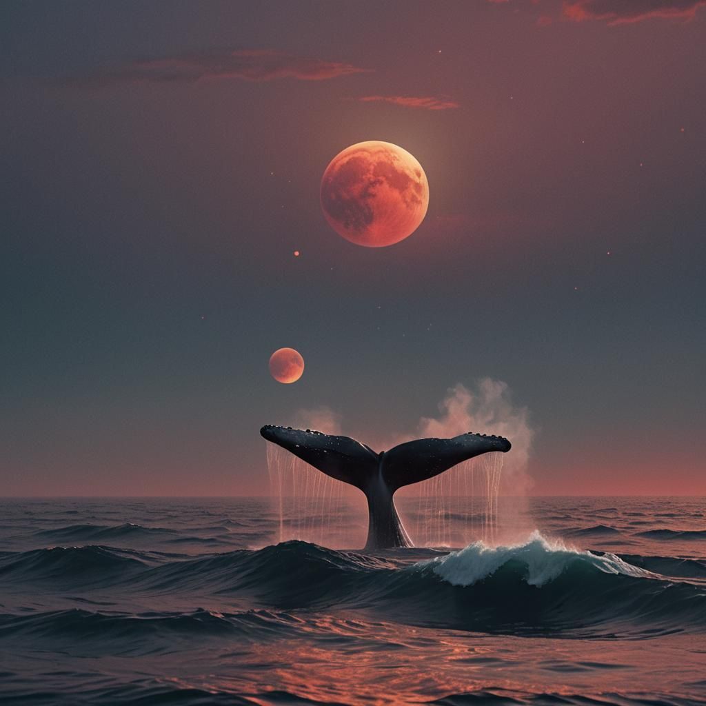 Whale Tail Silhouette Against Setting Red Moon