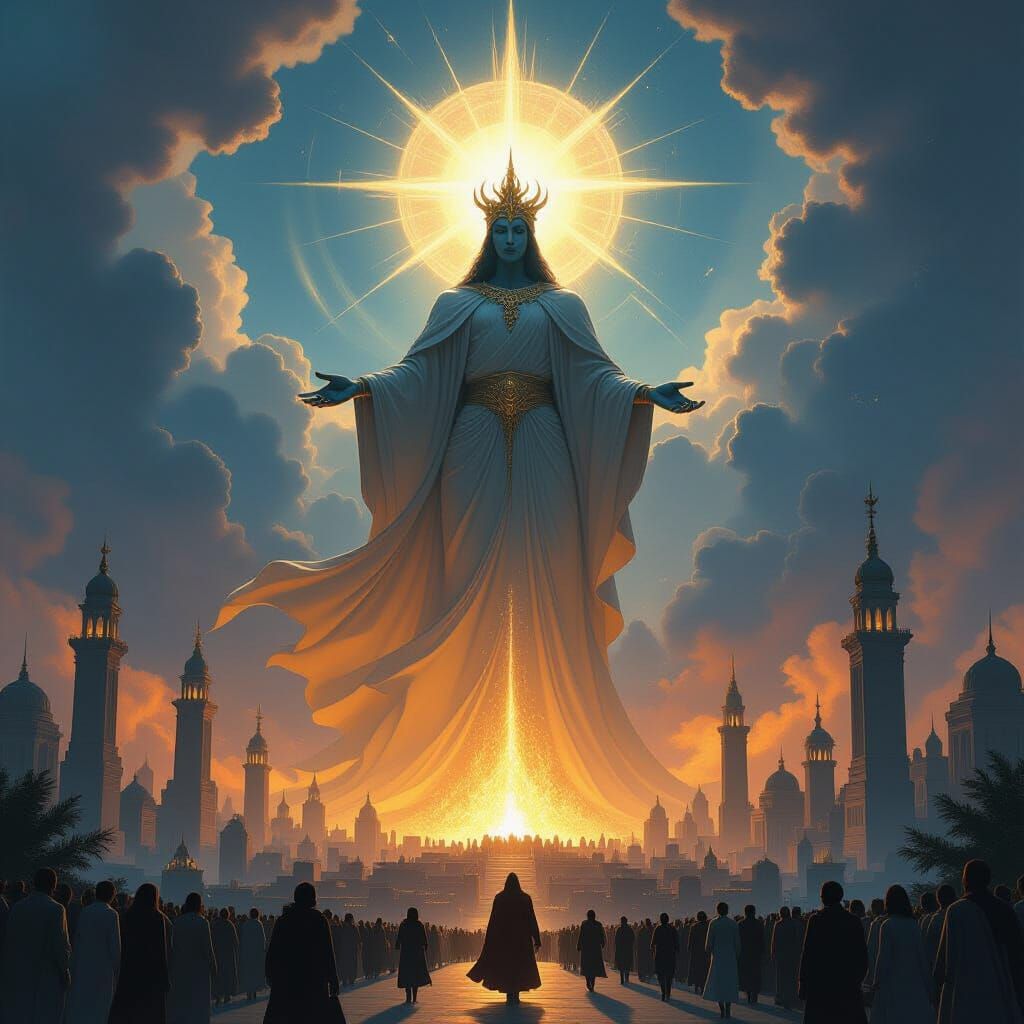 Divine Being Overlooks Bustling Cityscape in Cinematic Style