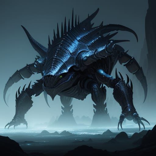 Cybernetic Beast Emerges from Dark, Misty Cavern