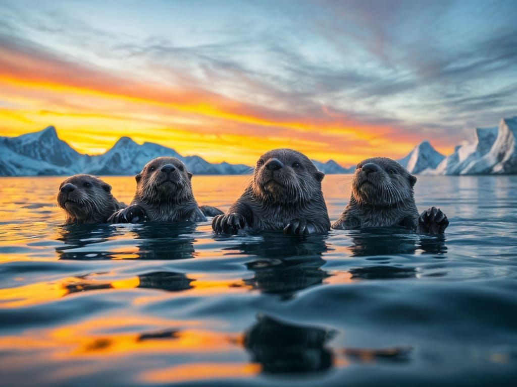 Playful Otters Enjoy Sunset in Arctic Waters
