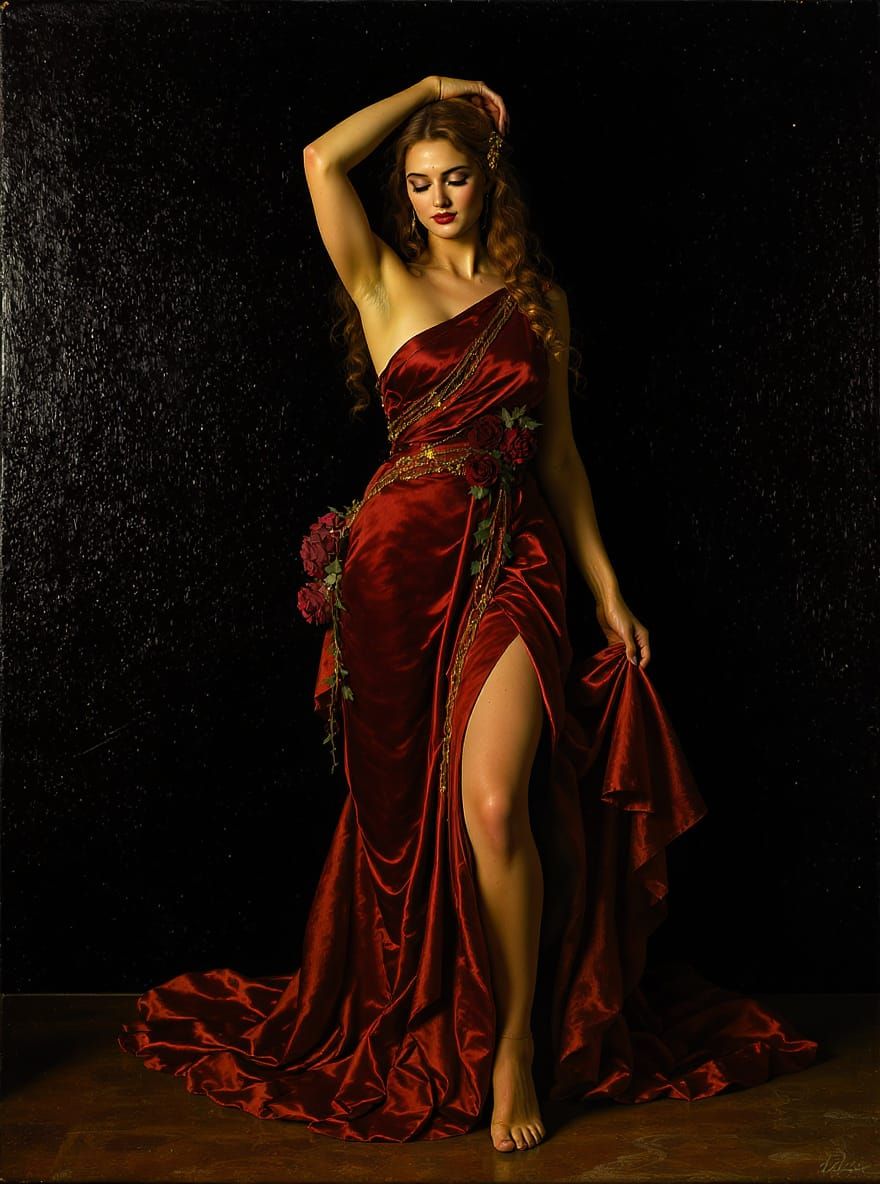 Old Master Style Portrait of Woman in Crimson Gown