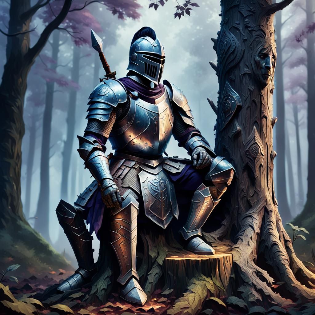 Knight in Misty Forest: Hyperrealistic Concept Art