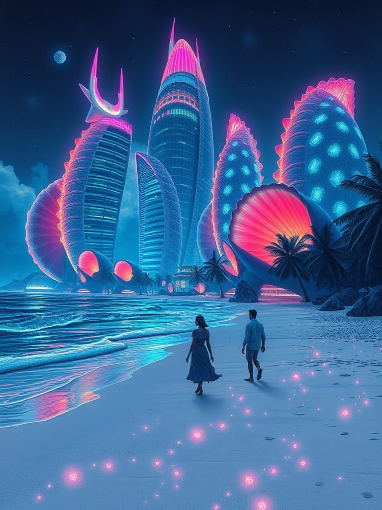 Surreal Tropical Beach Scene in Hyperrealistic Inkpen Drawin...