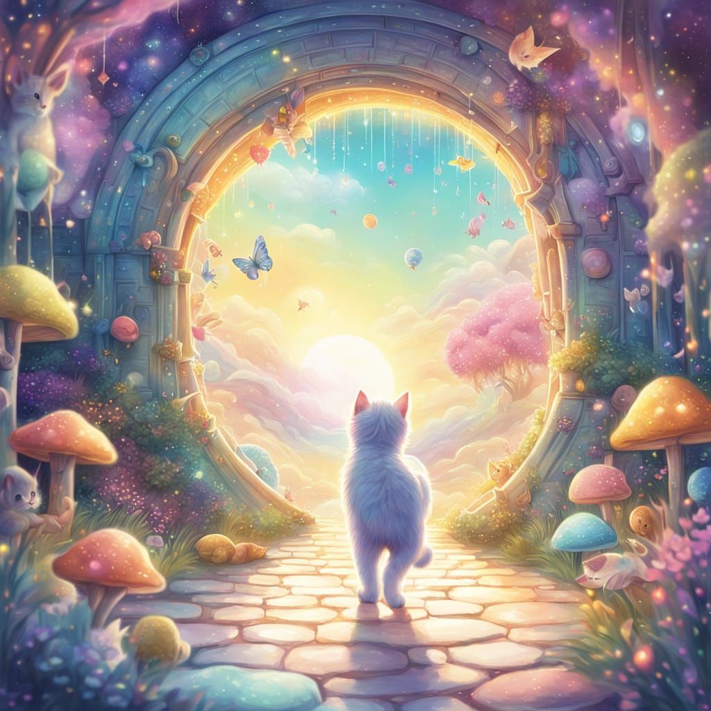 Girl Enters Kitty Land in Watercolor Painting