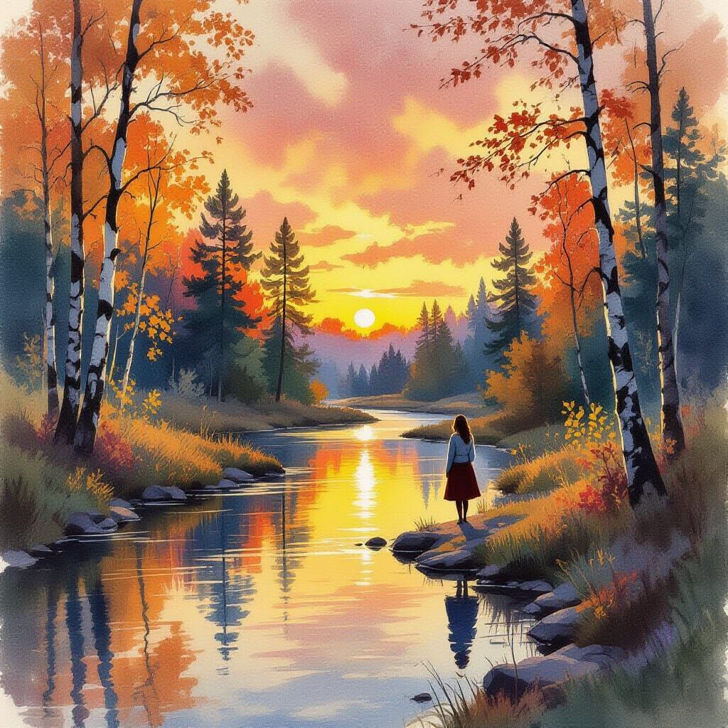 Autumn Stream Landscape Watercolor Painting