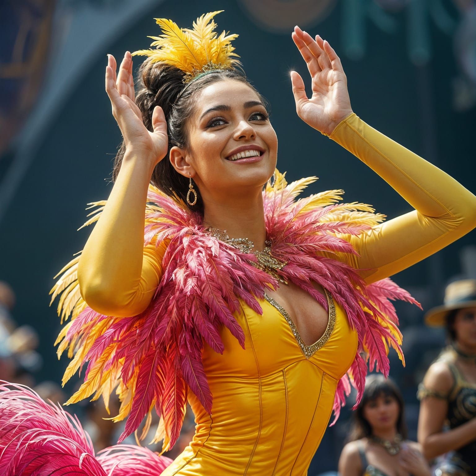 Stunning Showgirl in Yellow Leotard with Feathers