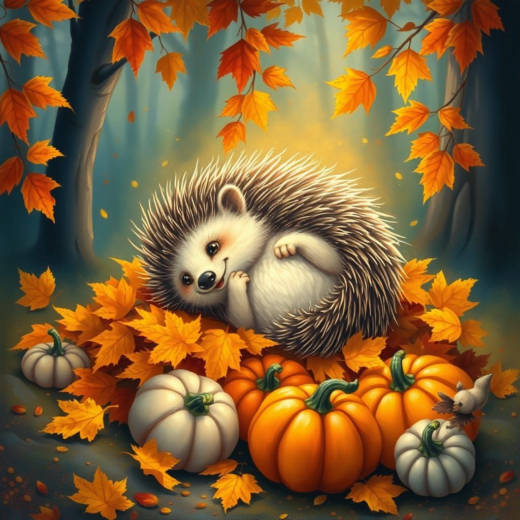 Hedgehog Rolls in Glowing Autumn Leaves