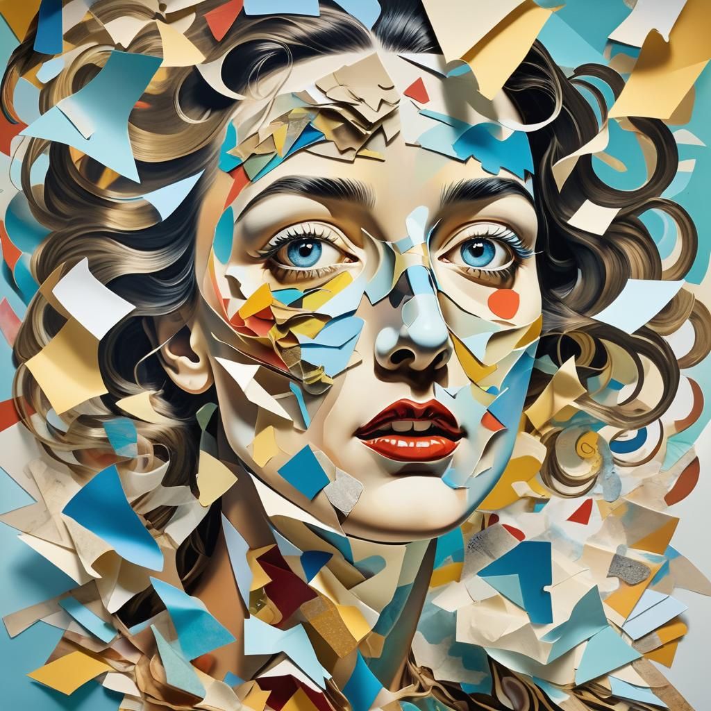 Surreal Paper Fragment Portrait in Metallic Highlights