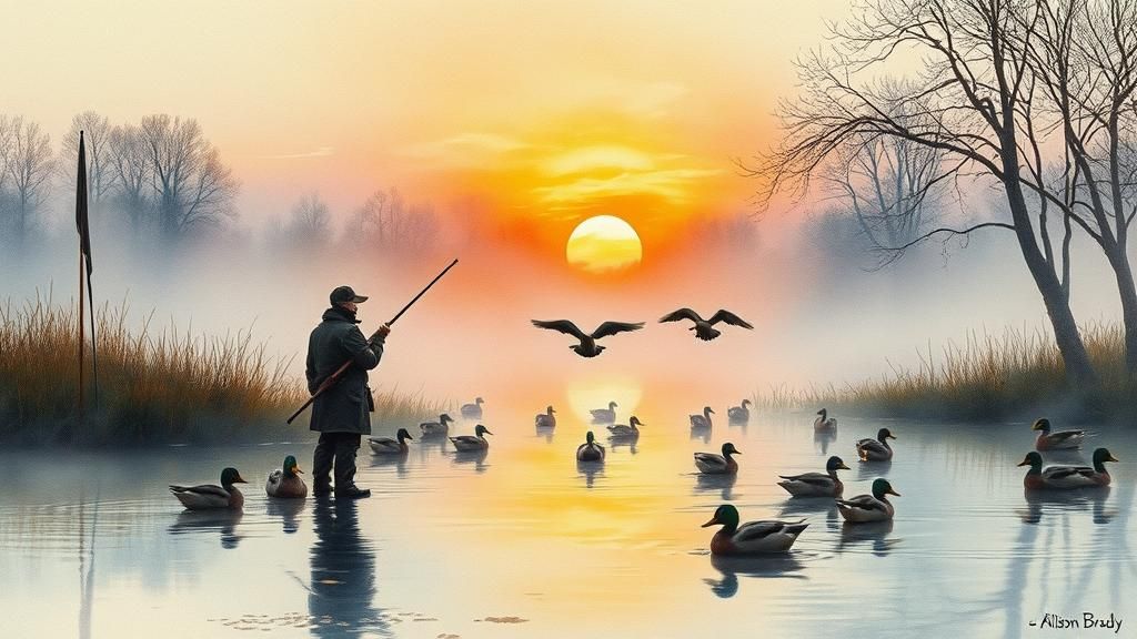 Misty Sunrise Duck Hunt in Watercolor Style