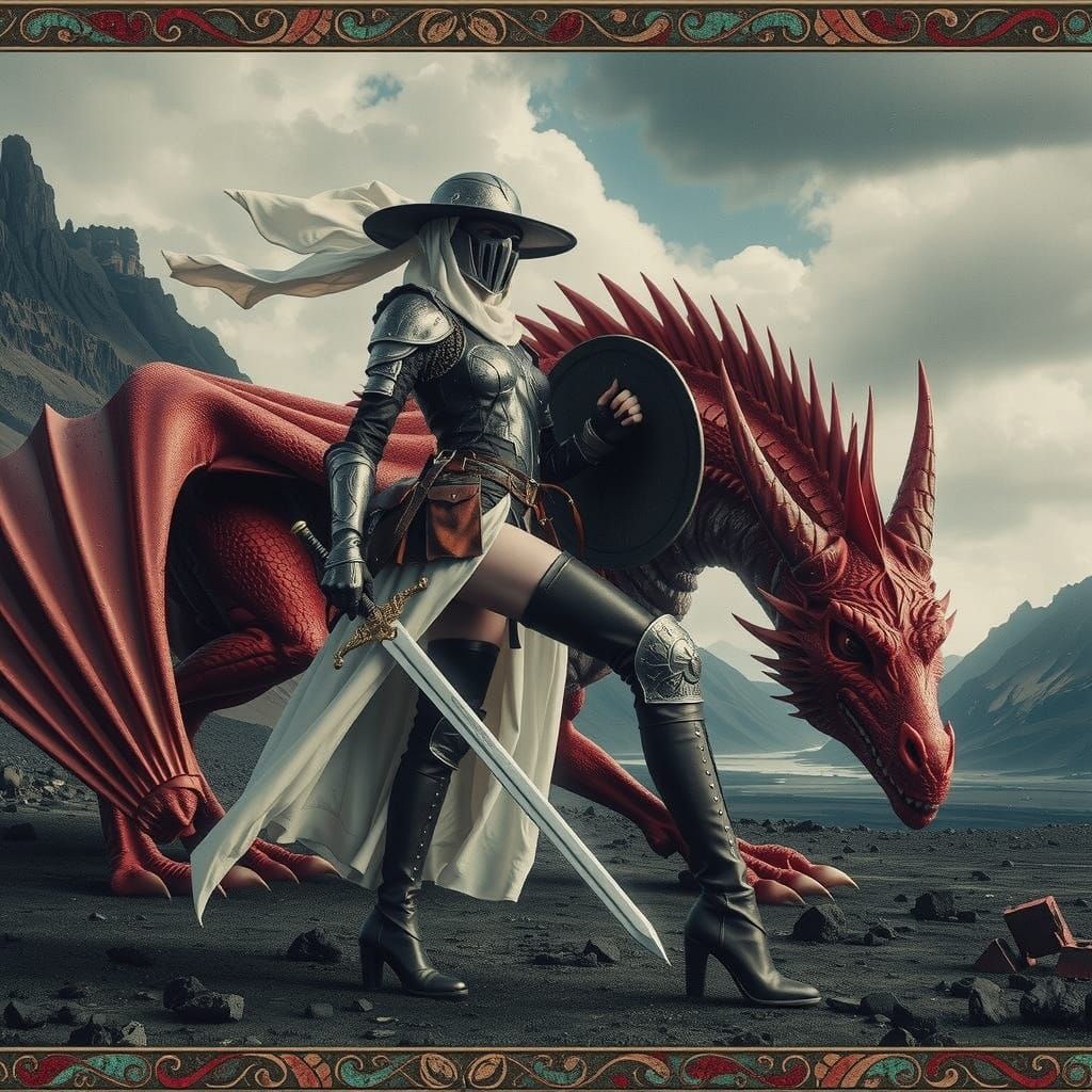 Dragon Rider in Volcanic Wasteland, Pre-Raphaelite Style