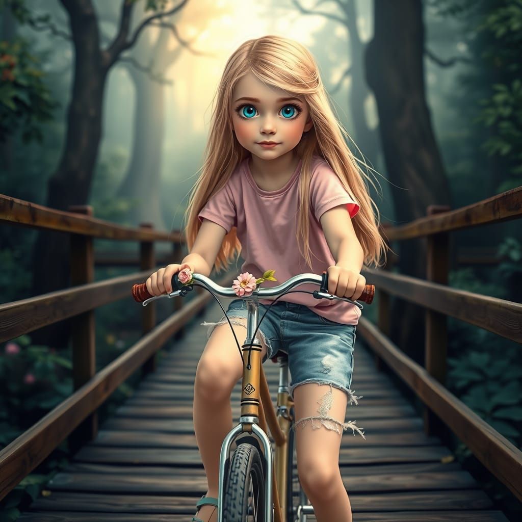 Girl on Bike Over Mystical Forest, Anime Style