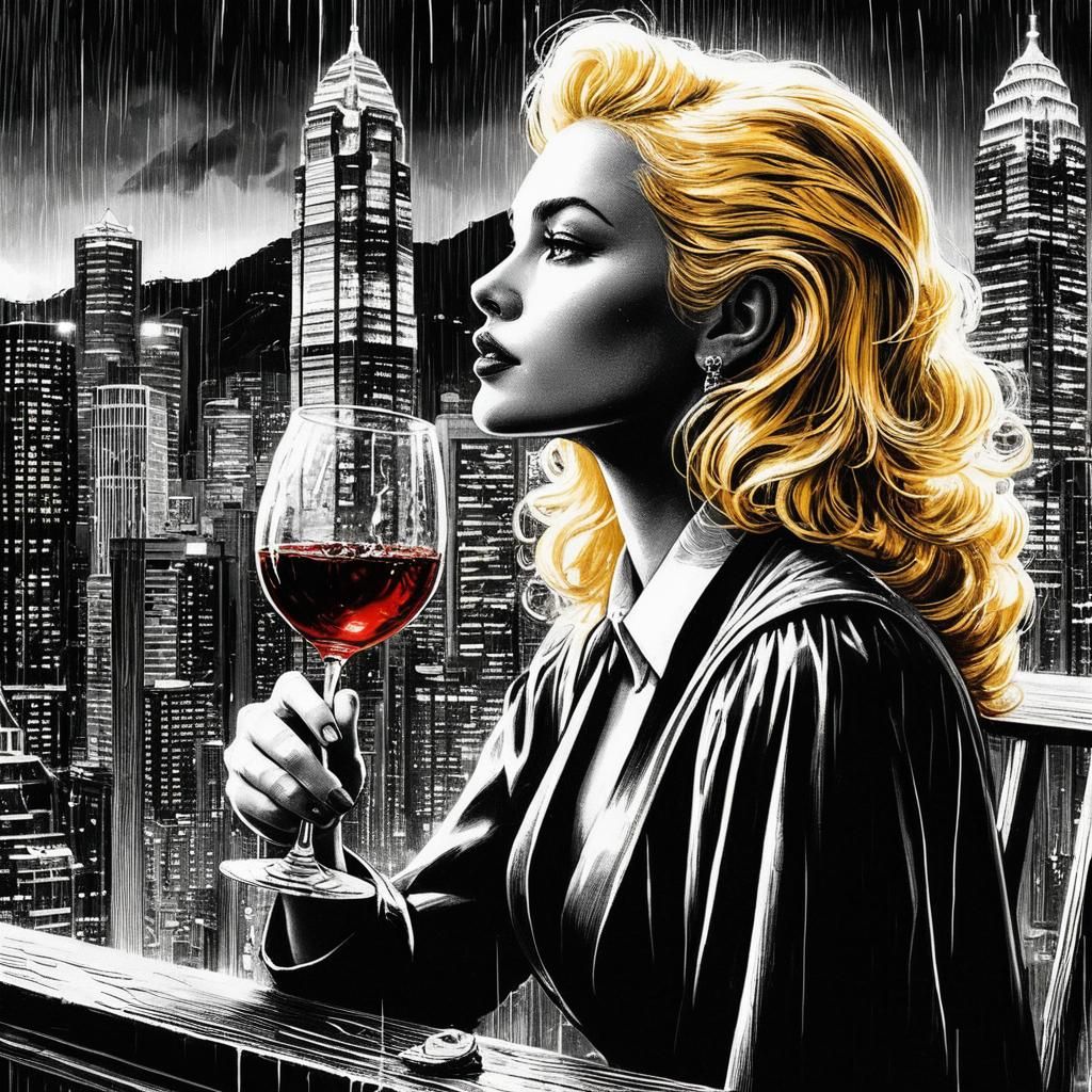 Blonde Woman with Wine in Noir Cityscape