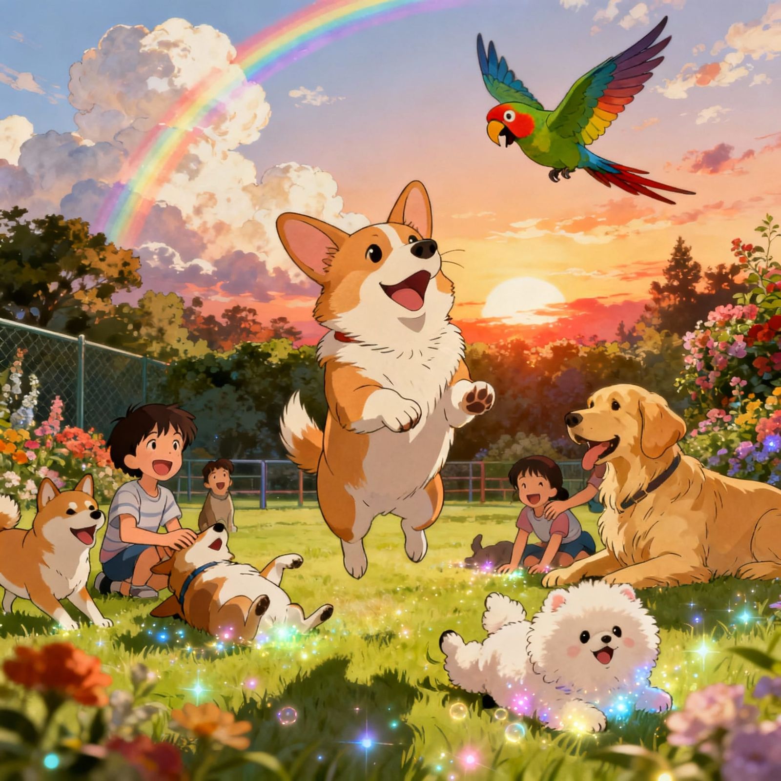 Joyful Dogs and Parrot in a Magical Park at Sunset