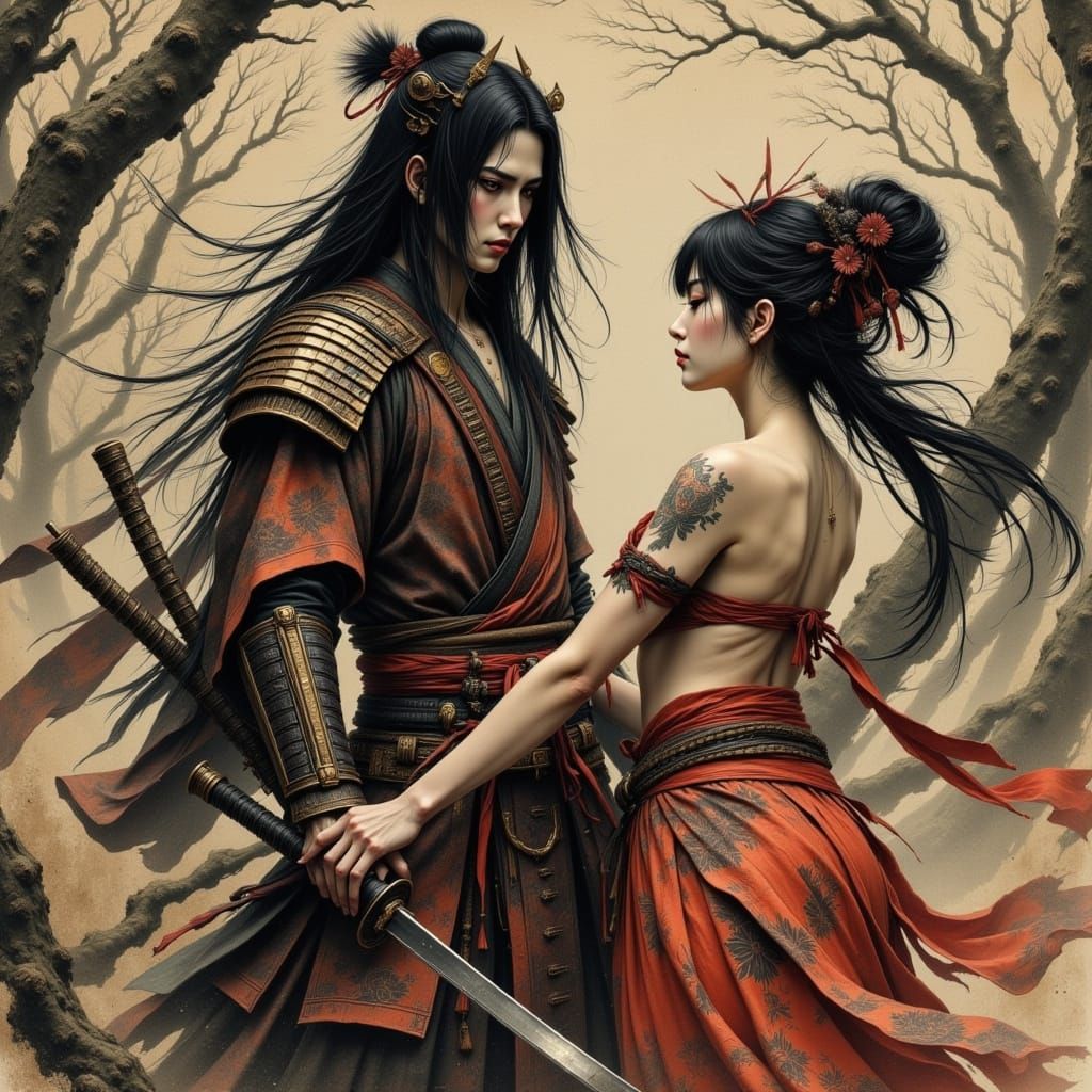 Samurai and Maiden in Classical Oil Painting Style