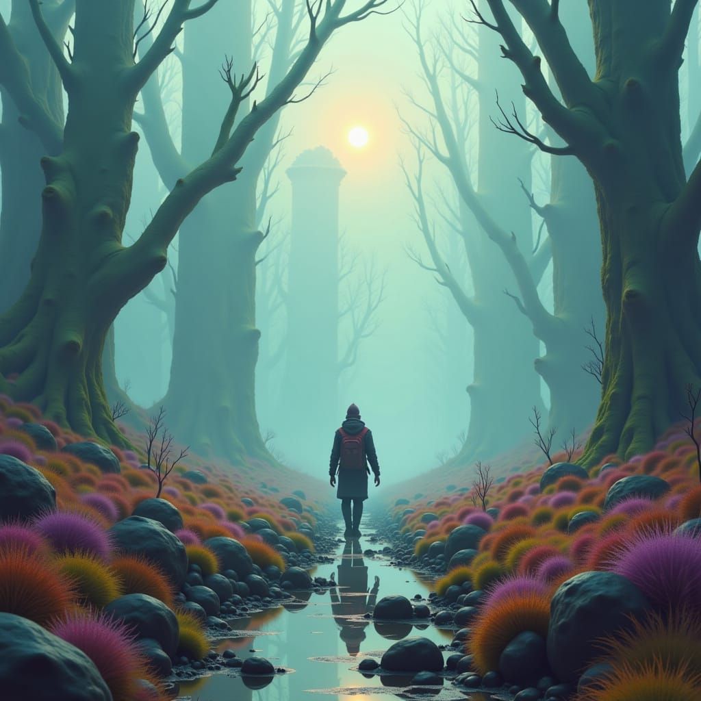 Traveler in a Surreal Futuristic Landscape
