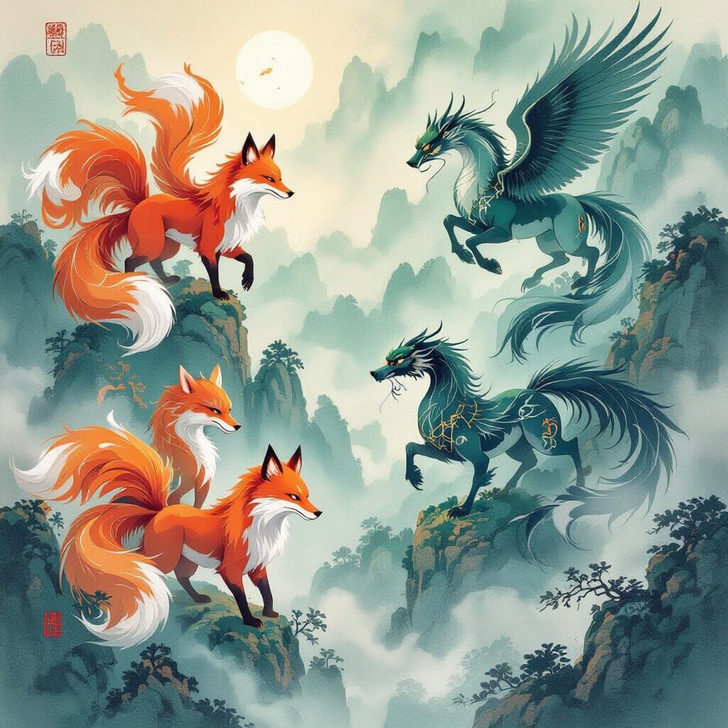 Shan Hai Jing Mythical Creatures in Chinese Ink Wash Style