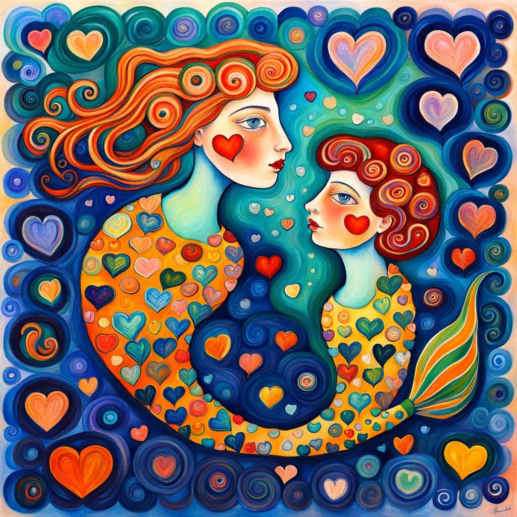 Mermaid and Merman Love in Klimt Style