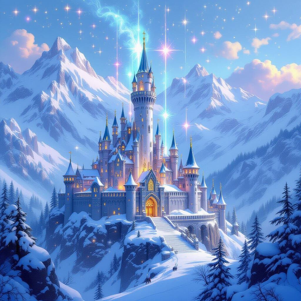 Magical City with Wizard Tower in Snowy Mountains