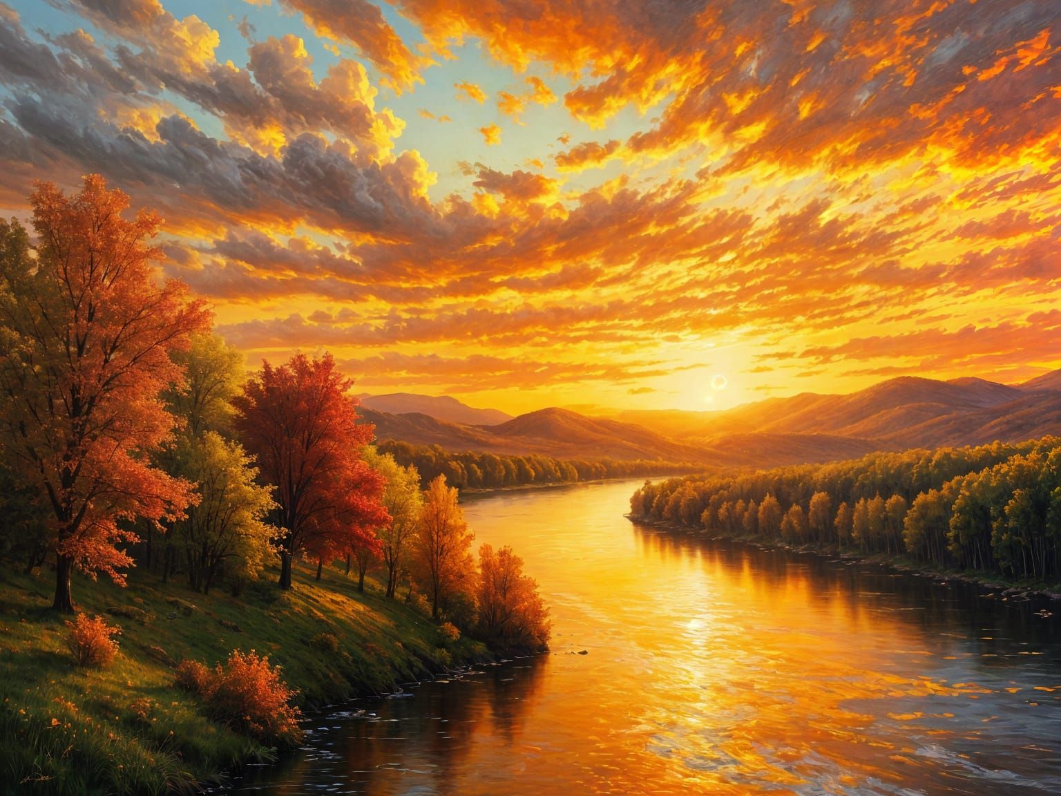 Autumn Sunset River Scene as Impasto Painting