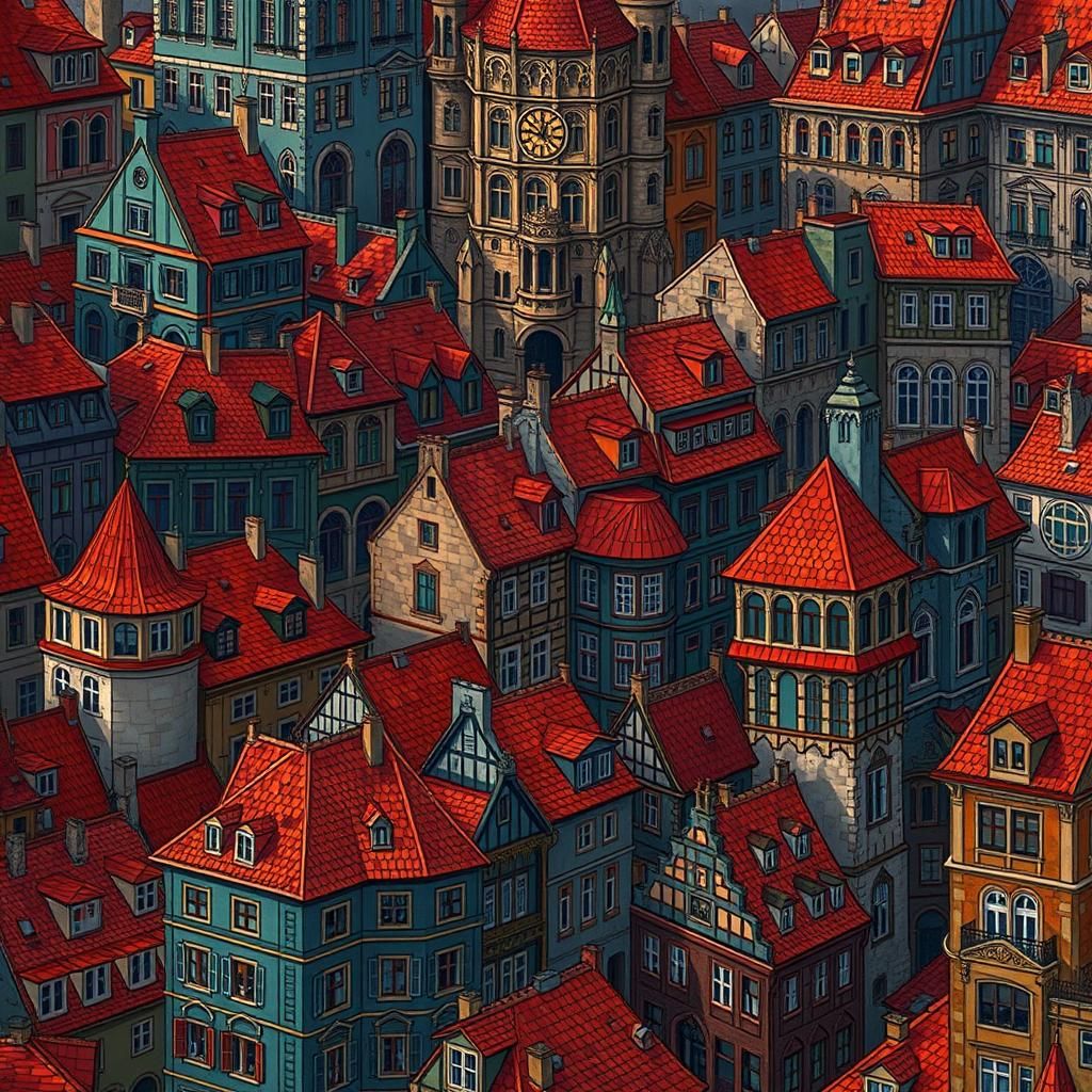 European Cityscape with Gothic Clock Tower