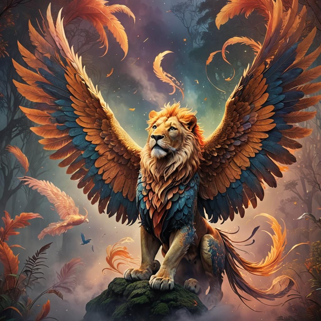 Majestic Lion-Phoenix Hybrid in Ethereal Flight
